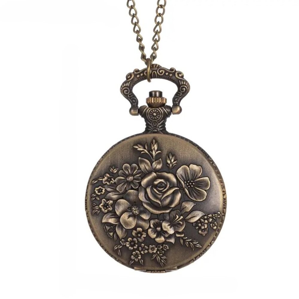 Rose Pedal Floral Bronze Pocket Watch with Chain